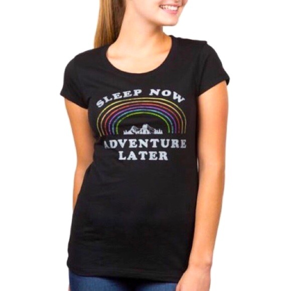 NEW AWAKE Graphic Tee Shirt SLEEP NOW ADVENTURE LATER Black Medium Women’s NWOT - Picture 3 of 13